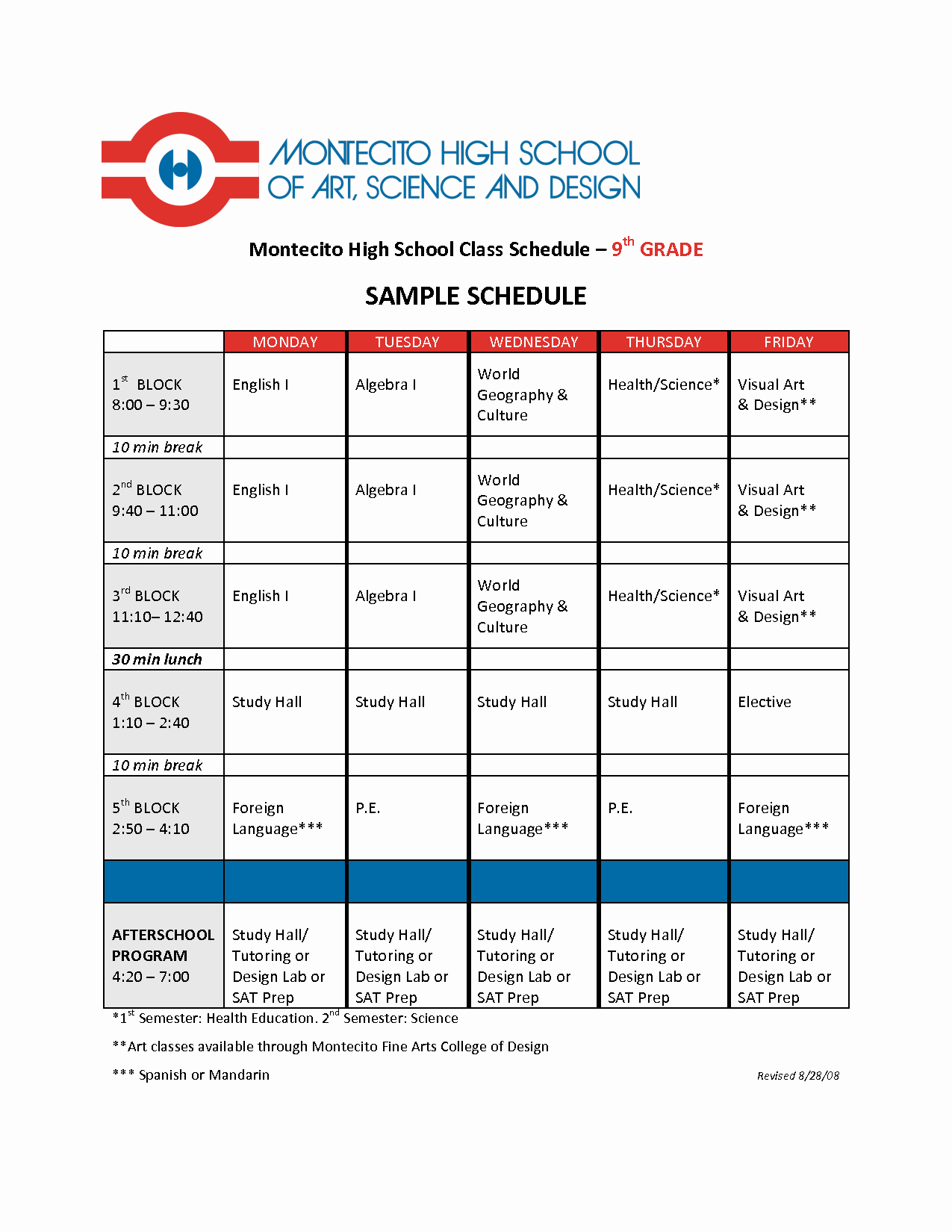 High School Class Schedule Example Awesome High School Class Schedule 