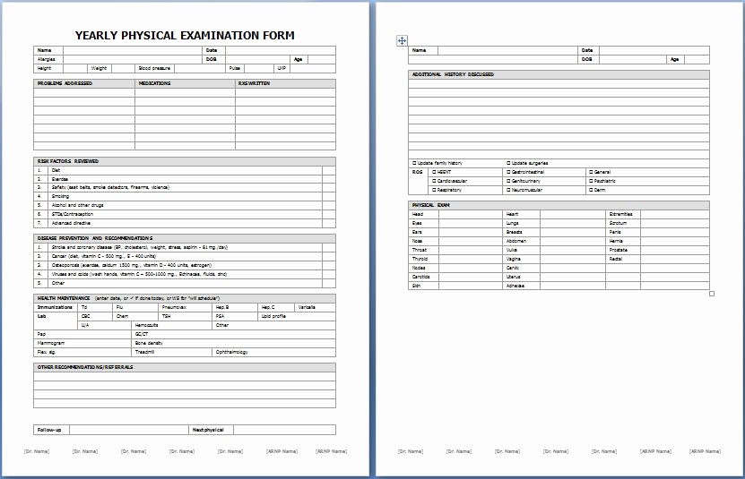 History and Physical Template Free Fresh Yearly Physical Examination form