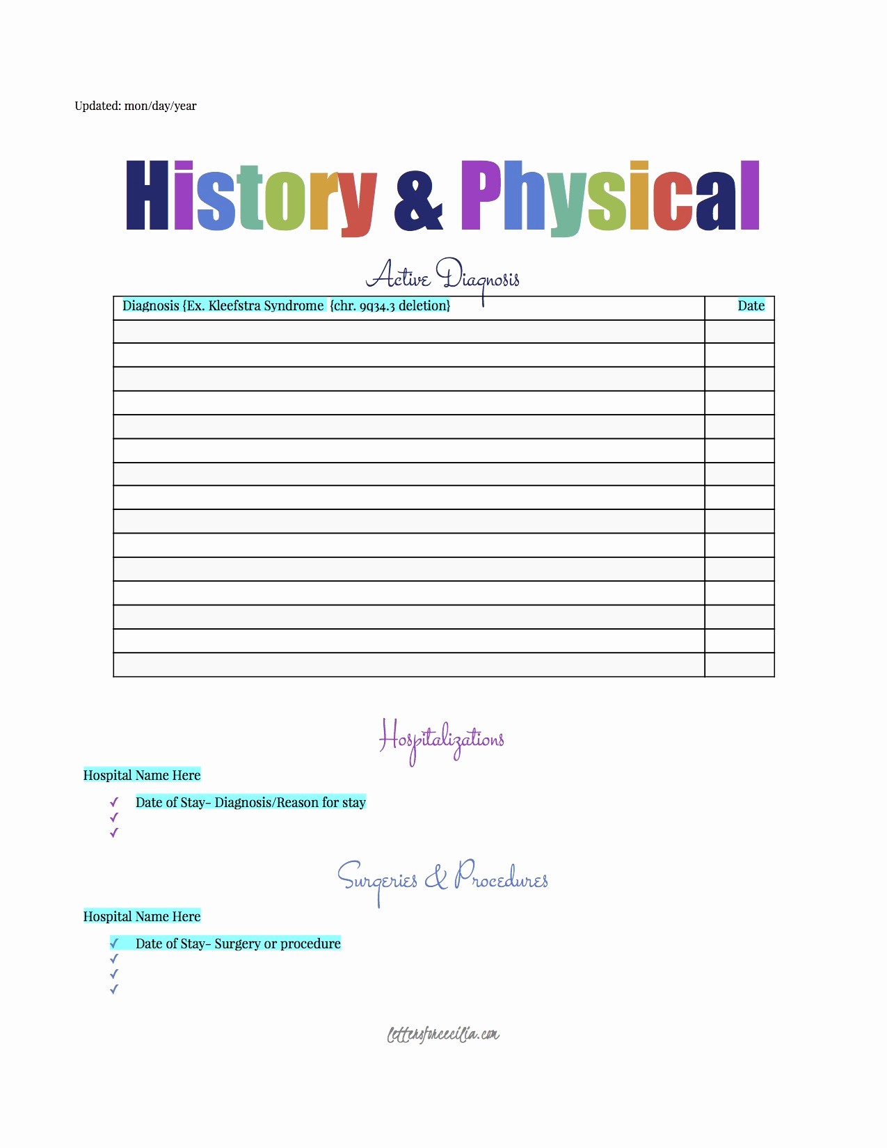 History and Physical Template Free Lovely Printable’s