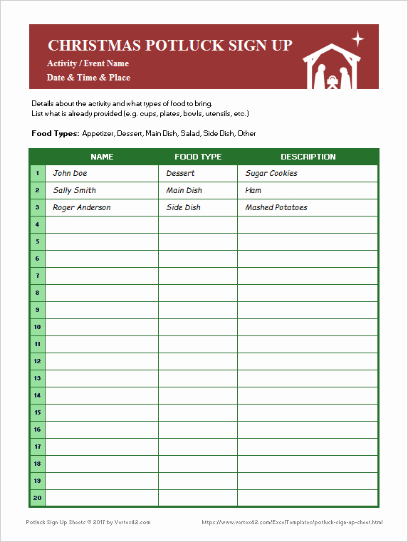 Holiday Sign Up Sheet Template Lovely Potluck Sign Up Sheets for Excel and Google Sheets