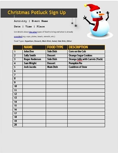 Holiday Sign Up Sheet Templates Lovely Christmas Potluck Signup Sheet Template Unique Sign Up