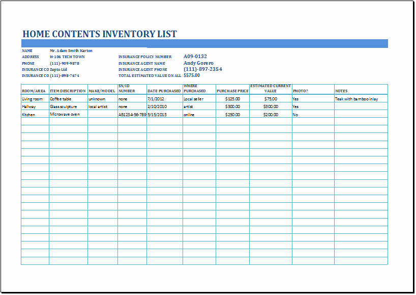 Home Contents Inventory List Template Lovely Ms Excel Household Inventory List Template
