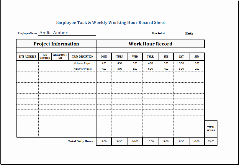 Hourly Sign Up Sheet Template Unique Employee Task &amp; Weekly Working Hour Record Sheet
