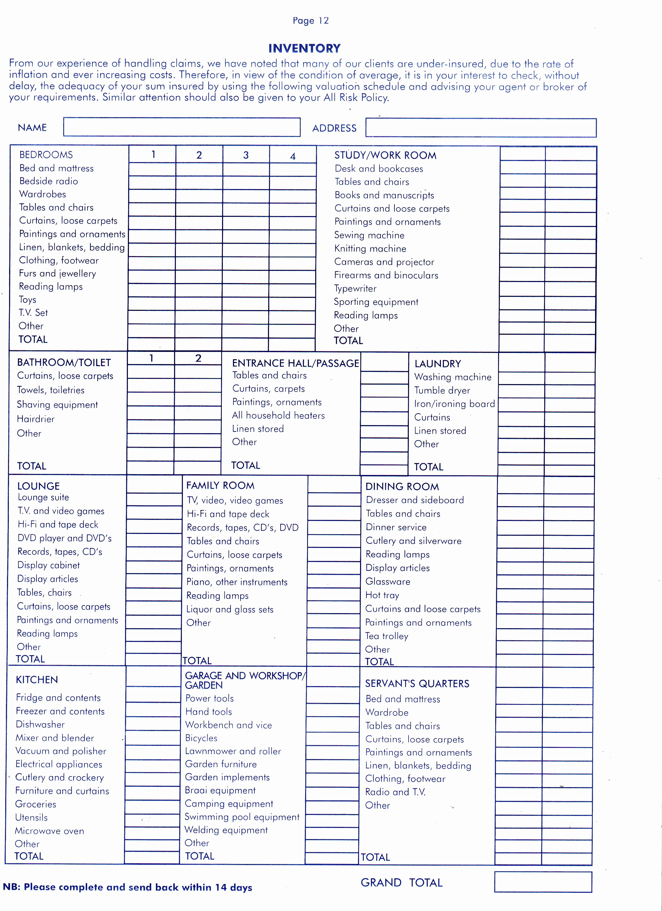 House Contents List for Insurance New Downloads Rsb Insurance Brokers