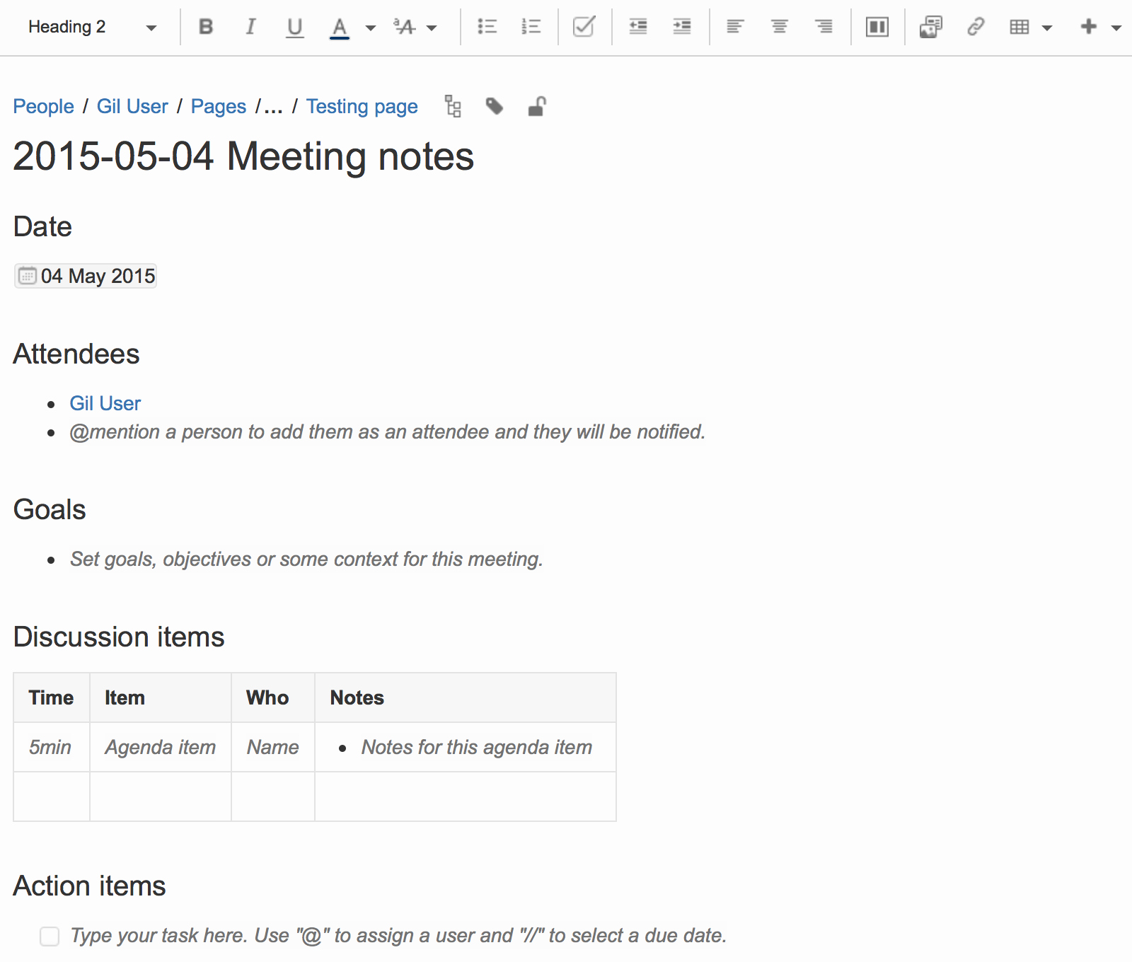 How to Type An Agenda Beautiful Meeting Notes Blueprint atlassian Documentation