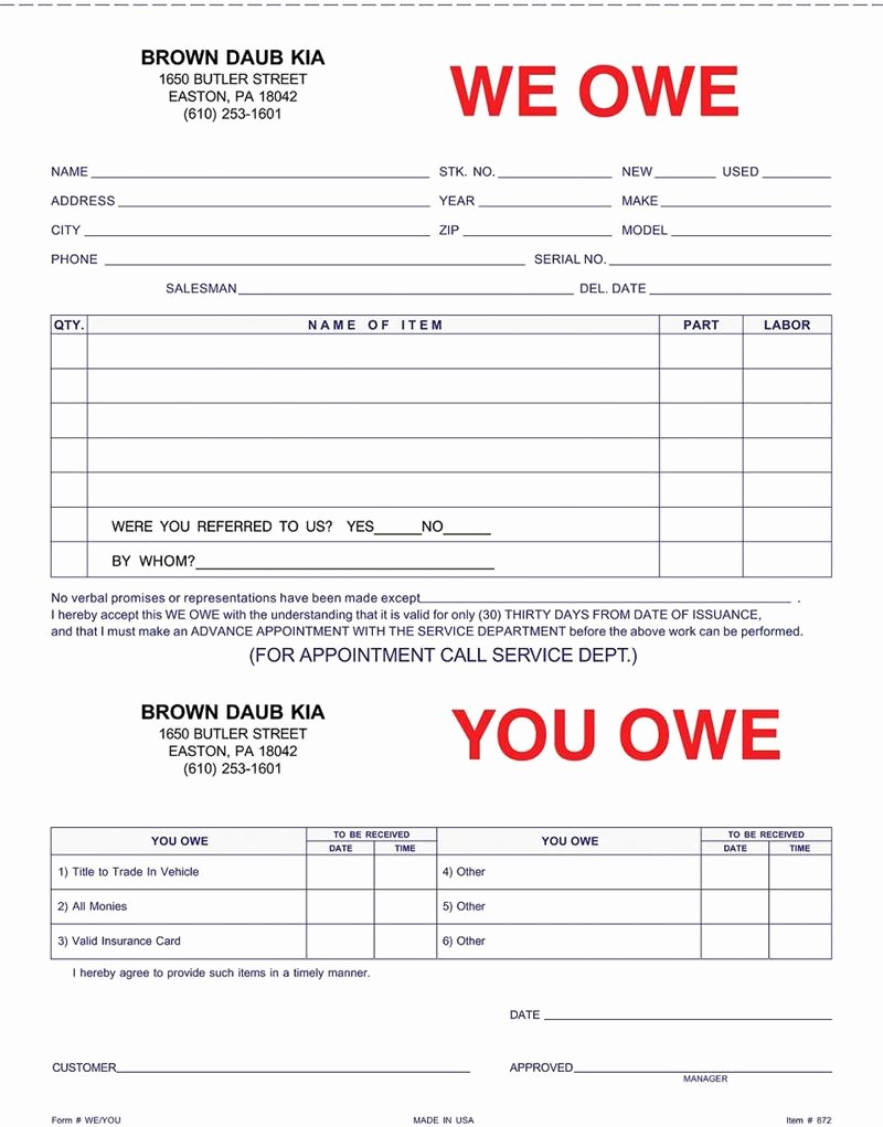 I Owe You Certificate Template Lovely We Owe You Owe form Imprinted