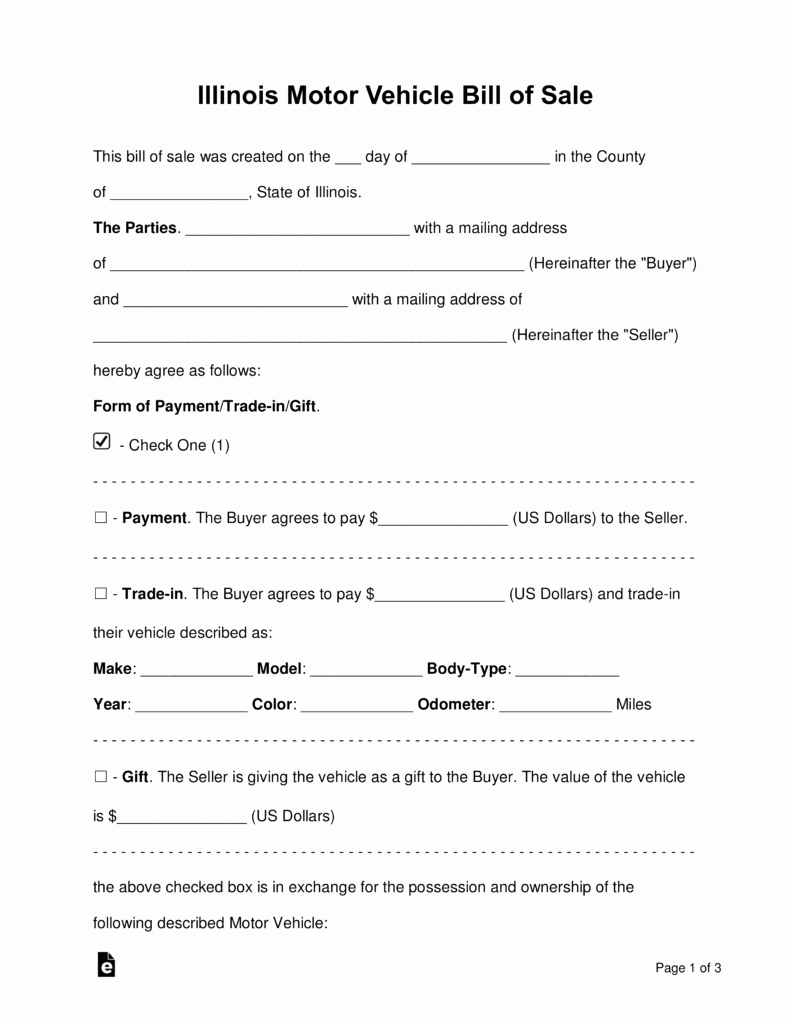Illinois Motorcycle Bill Of Sale New Free Illinois Bill Of Sale forms Word Pdf