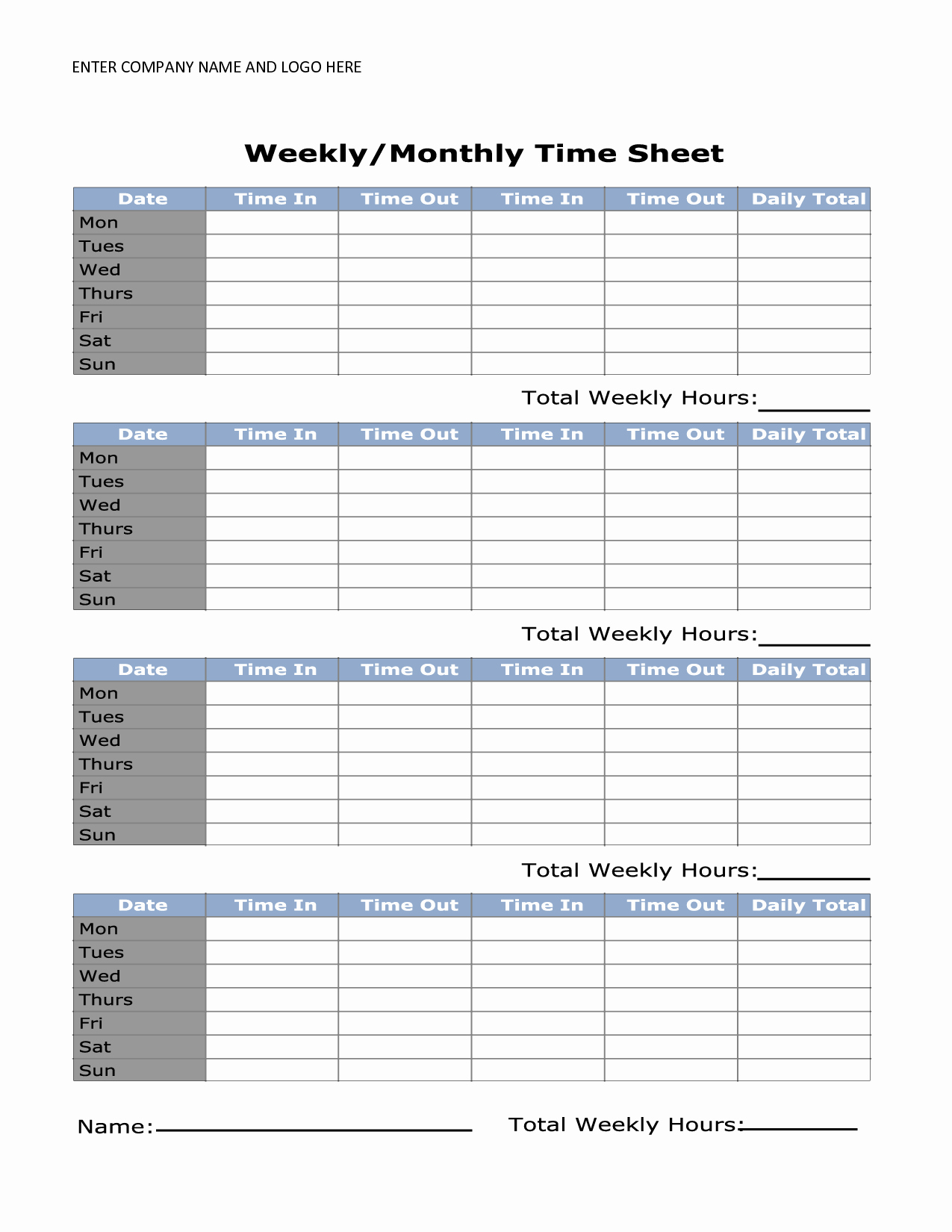 50 is Time Sheet One Word Ufreeonline Template