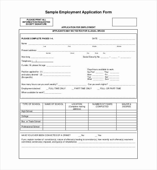 Job Application form Sample format Inspirational Sample Employment Application forms 12 Free Documents