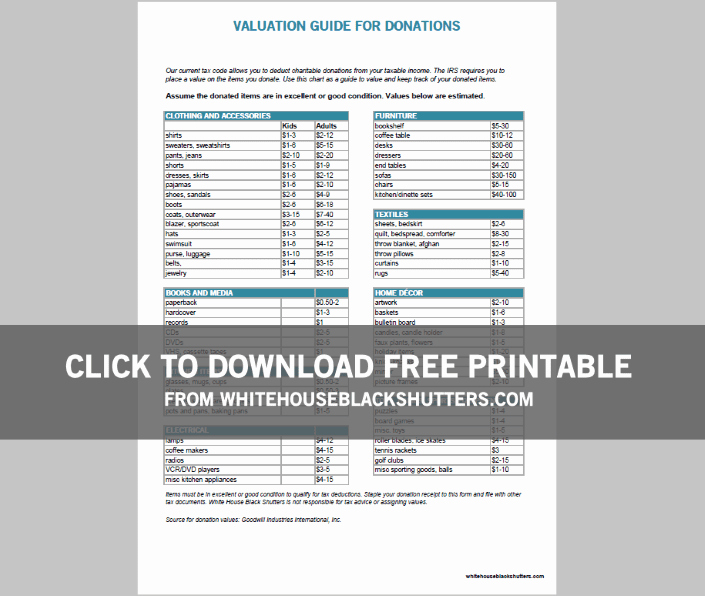 Keep Track Of Charitable Donations Inspirational Donation Values Guide and Printable White House Black
