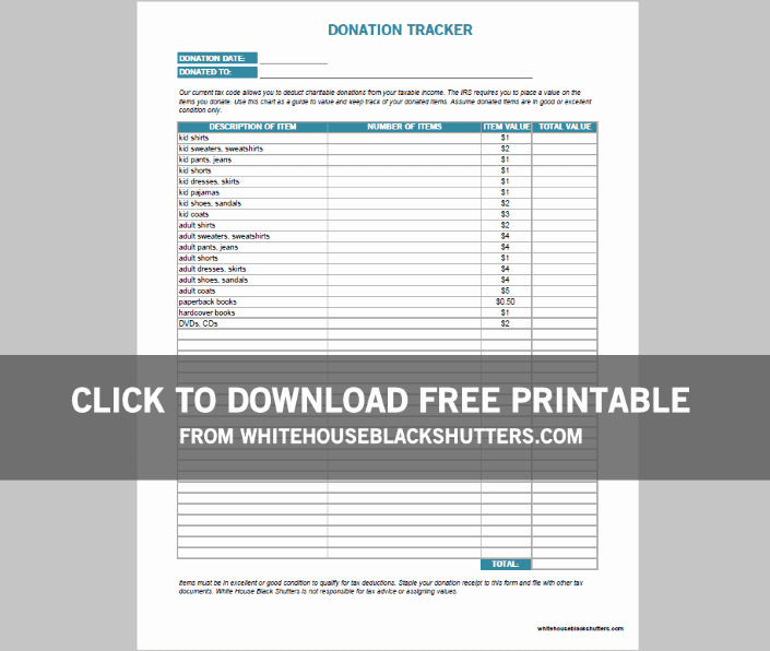 Keep Track Of Charitable Donations New Donation Values Guide and Printable White House Black
