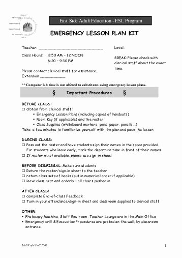 Lesson Plan Template for Adults Awesome Emergency Lesson Plans Fo