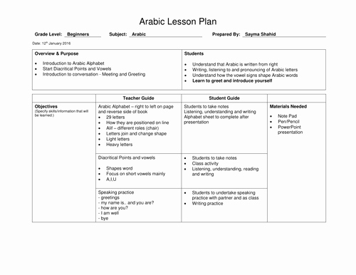 Lesson Plan Template for Adults Best Of Basics Arabic Lesson Plan by Sayma Shahid121 Teaching