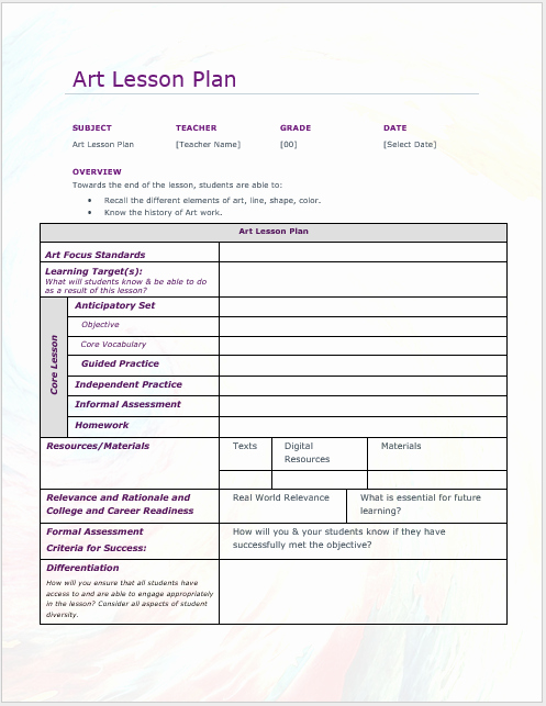 Lesson Plans for Microsoft Word Inspirational Art Lesson Plan Template – Microsoft Word Templates