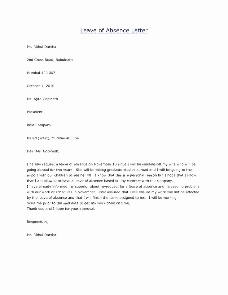 Letter for Absent In School Beautiful formal Letter format Absence School Example formal