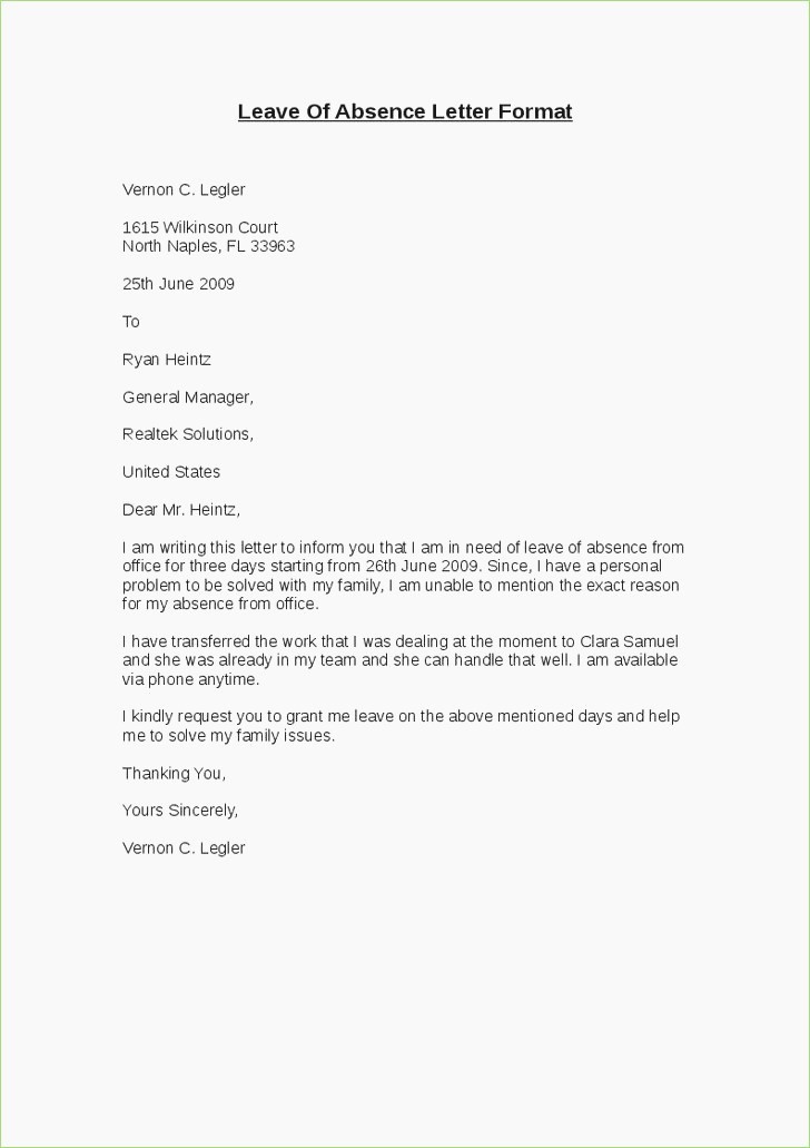 Letter Of Absence to School Elegant Medical Leave Letter format for College – thepizzashop