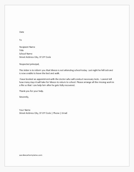 Letter Of Absent to School Luxury Sick Letter for School Design Templates