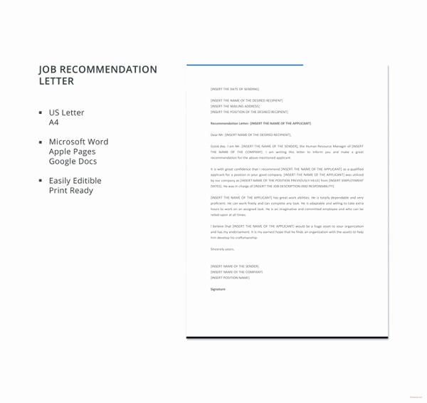 Letter Of Recommendation Employee Template Fresh 6 Job Re Mendation Letters Free Sample Example