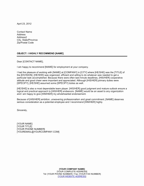 Letter Of Recommendation Employment Template Inspirational Employment Reference Letter