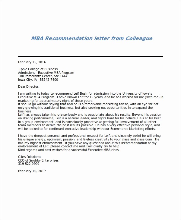 Letter Of Recommendation From Coworker Lovely 6 Sample Mba Re Mendation Letters – Pdf Word