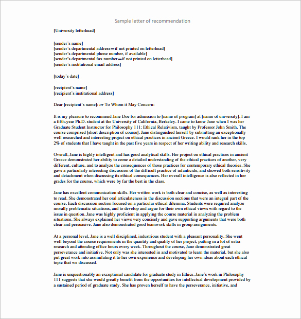 Letter Of Recommendation Template Student Inspirational 11 Re Mendation Letters for Employment – Free Sample