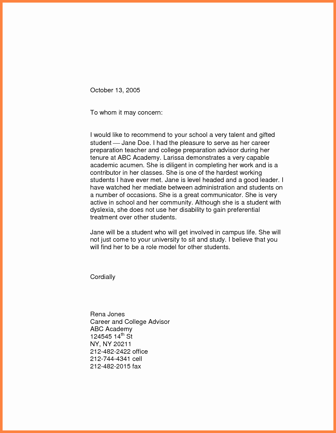 Letter Of Recommendation Template Student Unique 10 Letter Of Re Mendation for High School Student