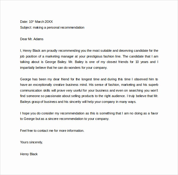 Letter Of Recommendation Word Template Inspirational Sample Personal Letter Of Re Mendation 16 Download
