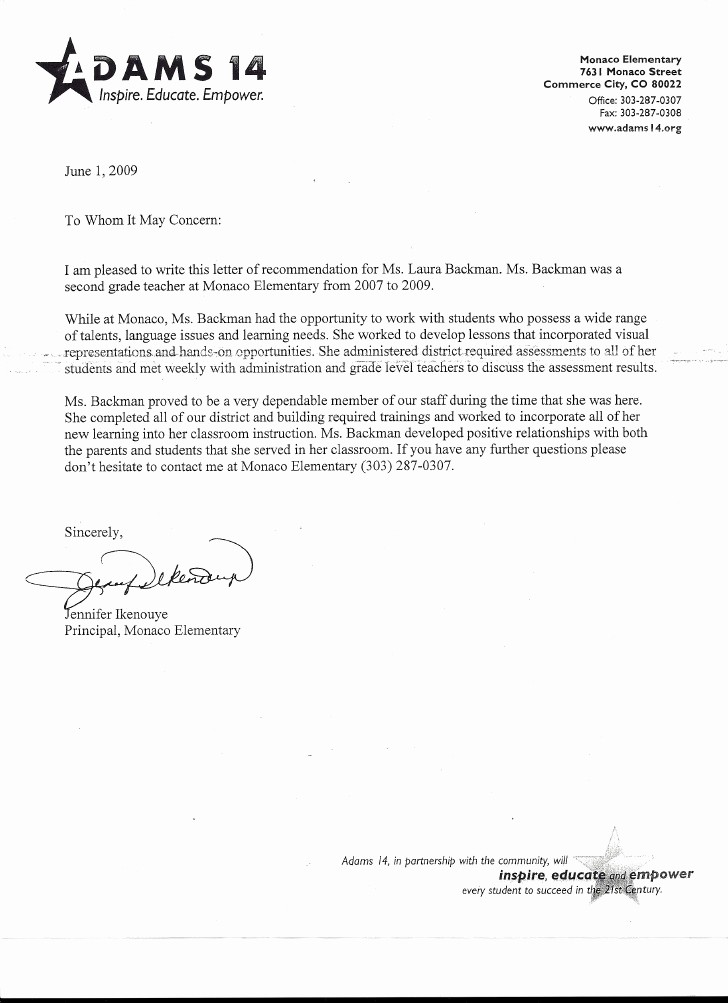 Letter Of Reference for Teachers Beautiful Letter Of Re Mendation From Principal Jennifer Ikenouye