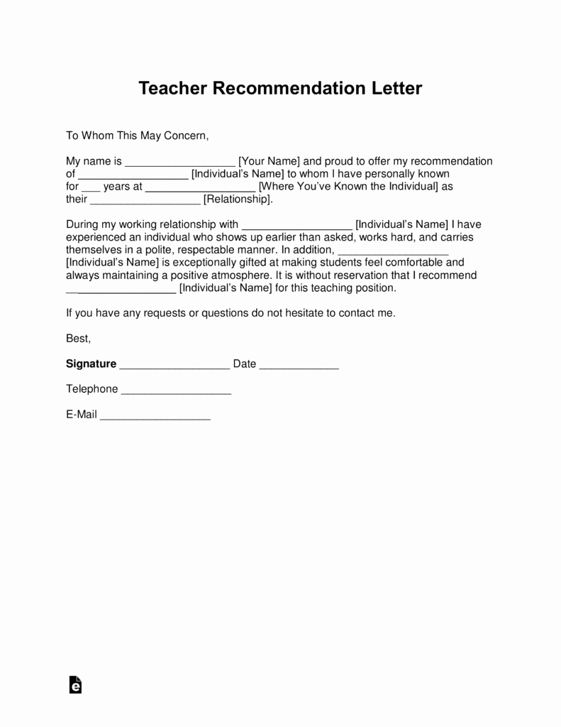 Letter Of Reference for Teachers Lovely Free Teacher Re Mendation Letter Template with Samples