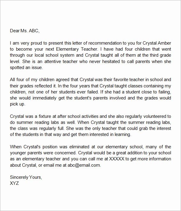 Letter Of Reference for Teachers New Letters Re Mendation for Teachers