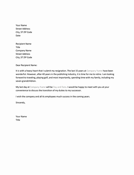 Letter Of Resignation Retirement Example Unique Resignation Letter Due to Retirement