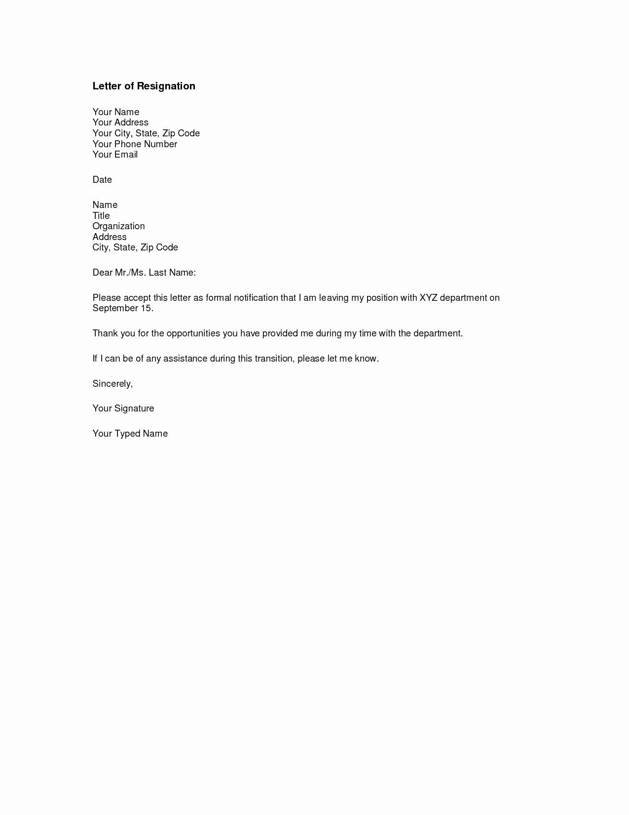 Letter Of Resignation Template Download Lovely Free Printable Letter Of Resignation form Generic