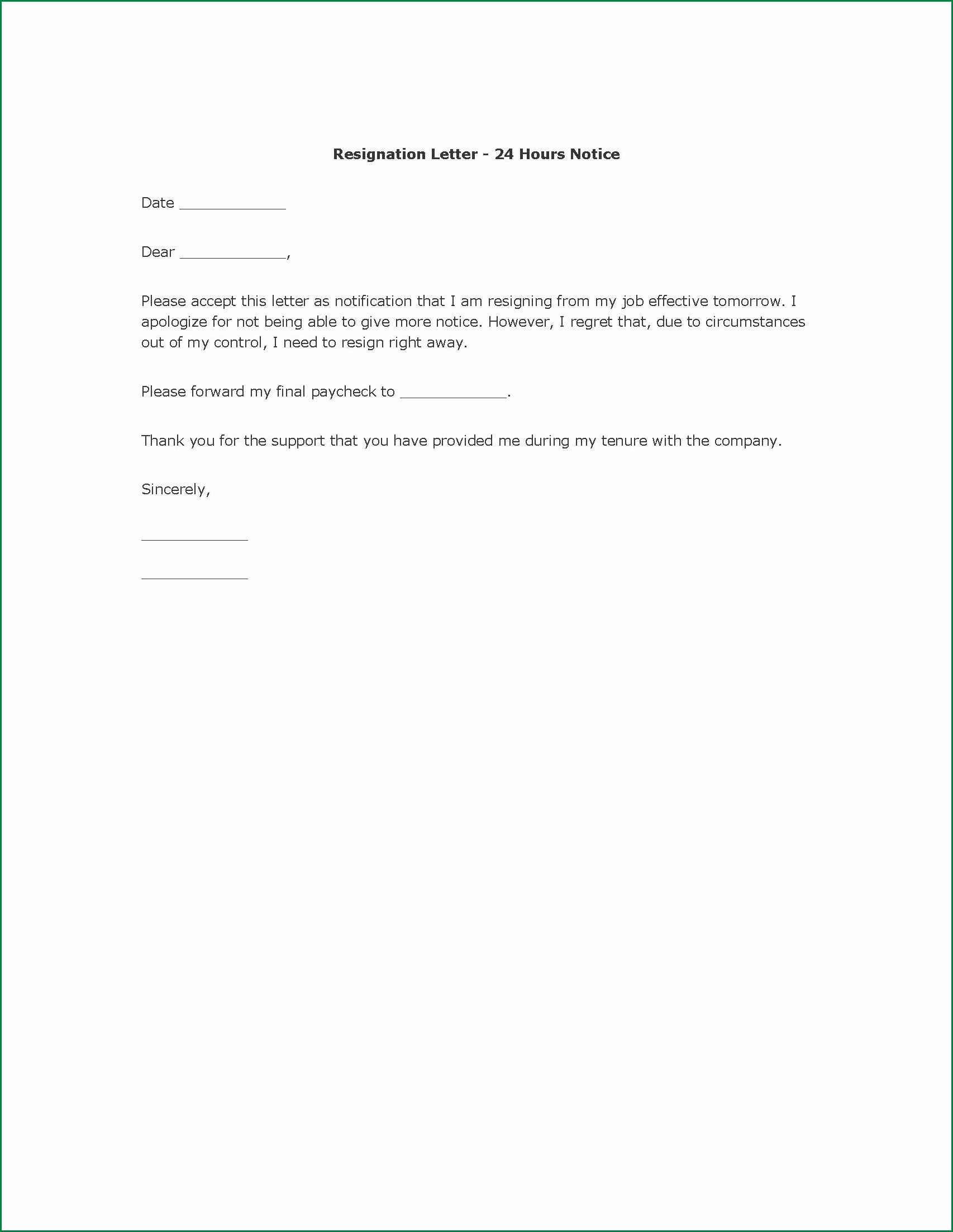 Letter Of Resignation Template Microsoft Awesome Sample Resignation Letter 24 Hrs Notice