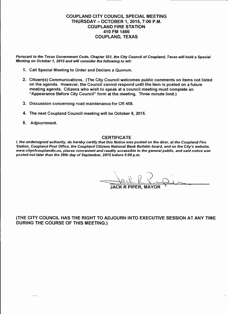 Letter to City Council Template Lovely City Council Special Meeting Agenda for October 1 2015