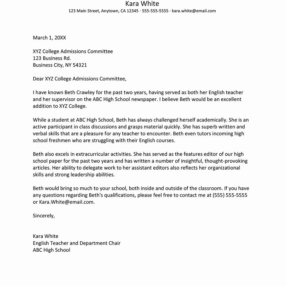 Letters Of Reference for Students Inspirational Example Letter Re Mendation High School Student