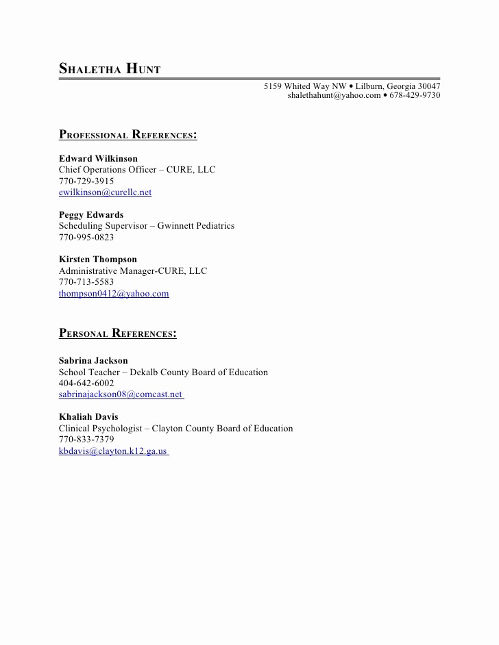 List Of Personal References Template Unique Reference List