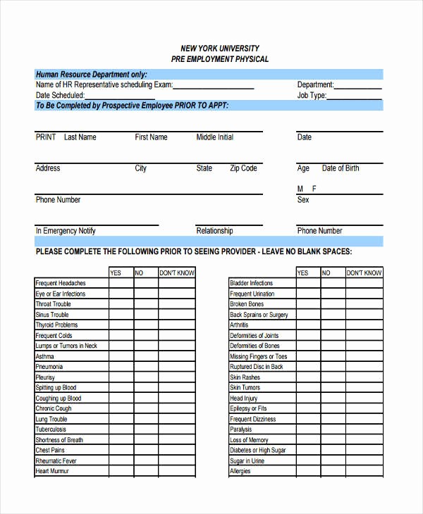 Medical Physical form for Employment Awesome 7 Pre Employment Physical forms Free Sample Example