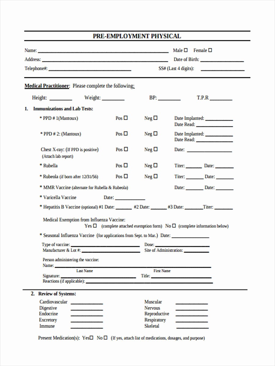 Medical Physical form for Employment Fresh Blank Pre Employment Physical forms Bing Images