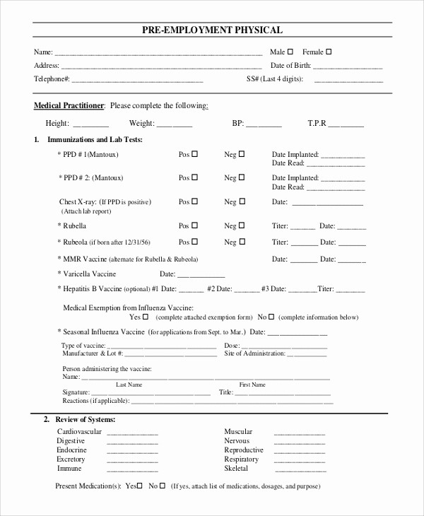 Medical Physical form for Employment Lovely Work Physical Exam Blank form Bing Images