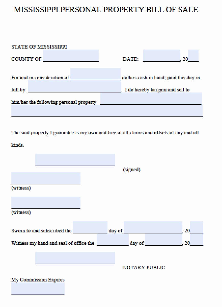 Microsoft Bill Of Sale Template Awesome Free Mississippi Personal Property Bill Of Sale form