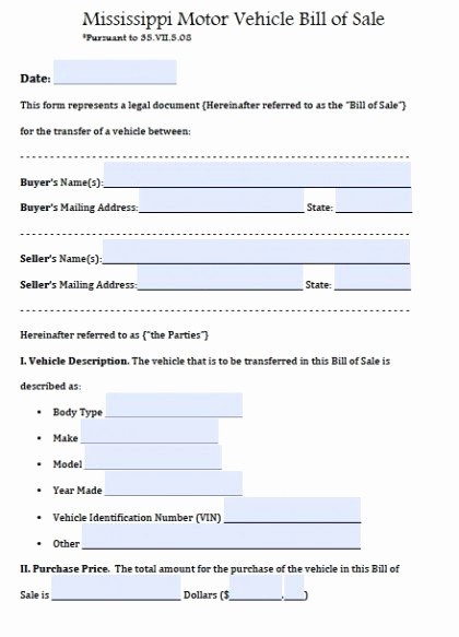Microsoft Bill Of Sale Template Unique Free Mississippi Motor Vehicle Bill Of Sale form