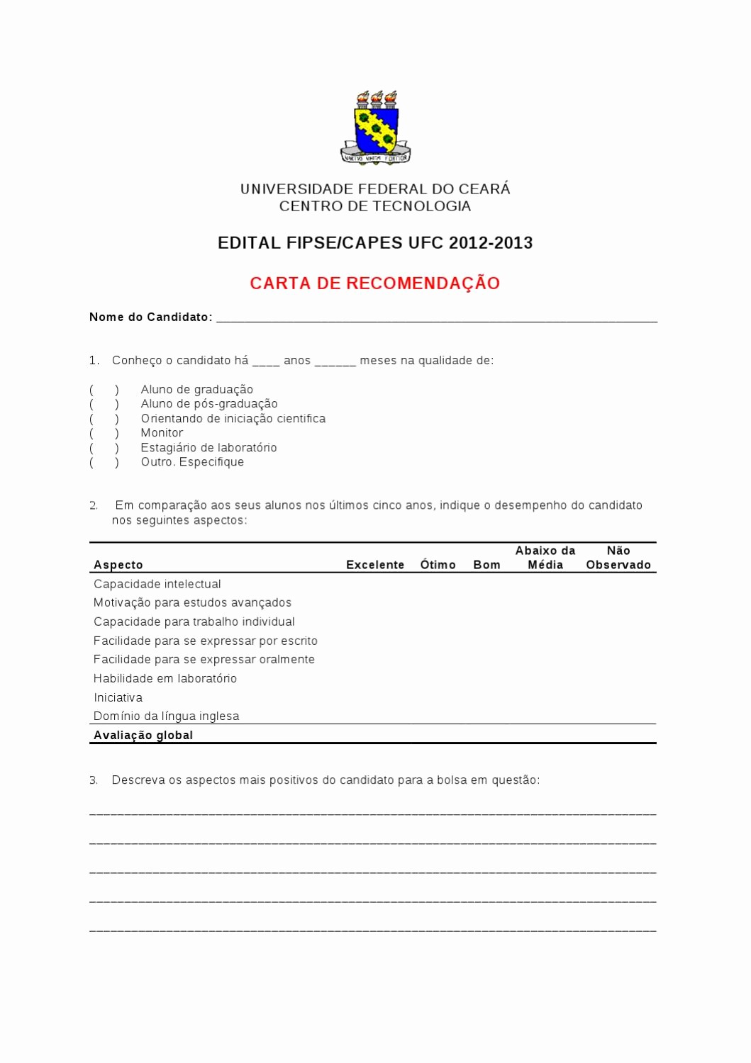 Modelos De Carta De Recomendacao New Modelo De Carta De Re Endação Edital Fipse Capes by