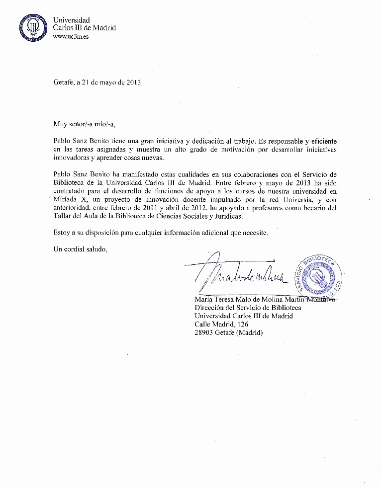 Modelos De Cartas De Recomendacion Awesome Carta De Re Endación Universidad Carlos Iii De Madrid