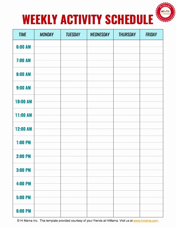 Monday Through Friday Hourly Calendar Unique Daycare Weekly Schedule Template 5 Day