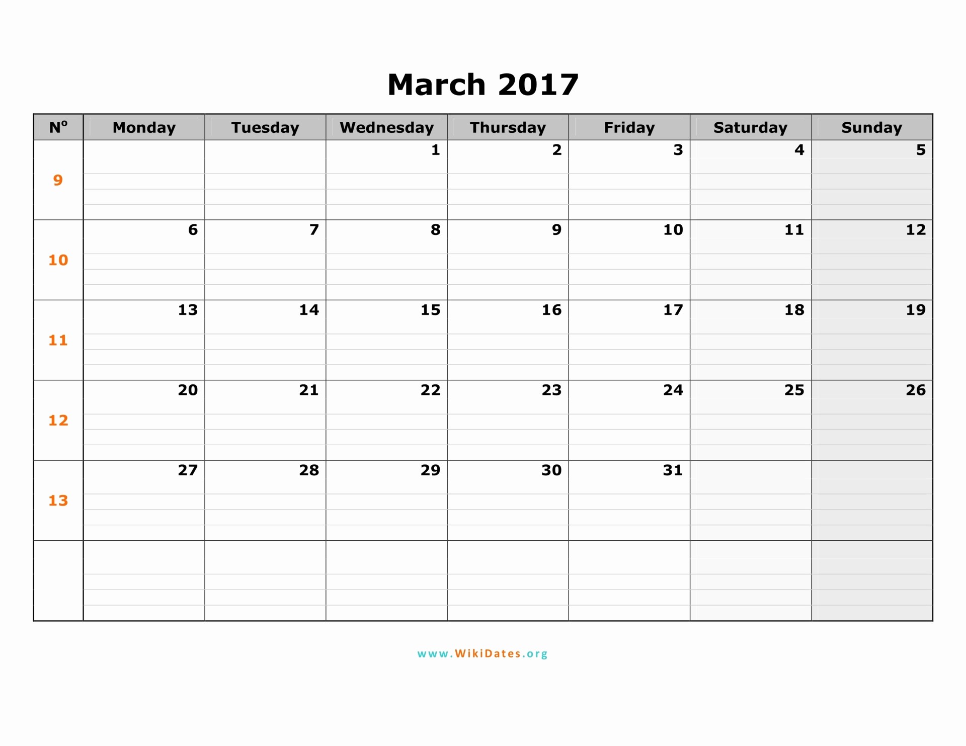 Monday to Sunday Calendar 2017 Inspirational March 2017 Calendar