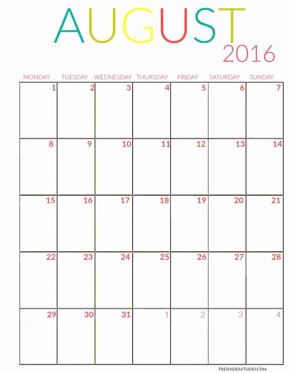 Monday to Sunday Calendar Template Unique Free Monthly Calendar 2016 Monday Sunday