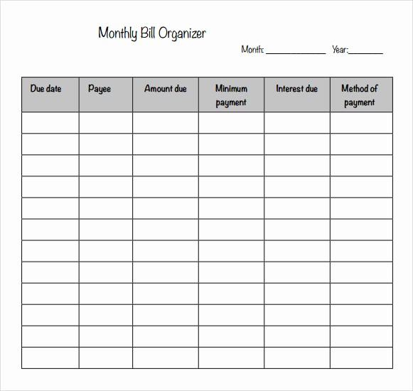 Monthly Bill Due Date Template Fresh 5 Sample Bill organizer Charts