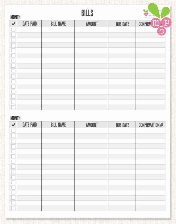 Monthly Bill Due Date Template Inspirational Instant Download Bill Chart Checklist