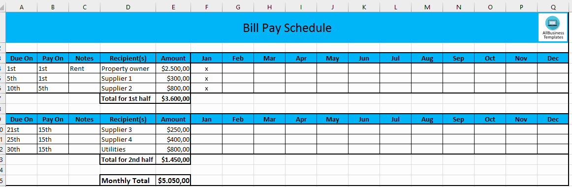 Monthly Bill Due Date Template Luxury Free Monthly Payment Schedule In Excel