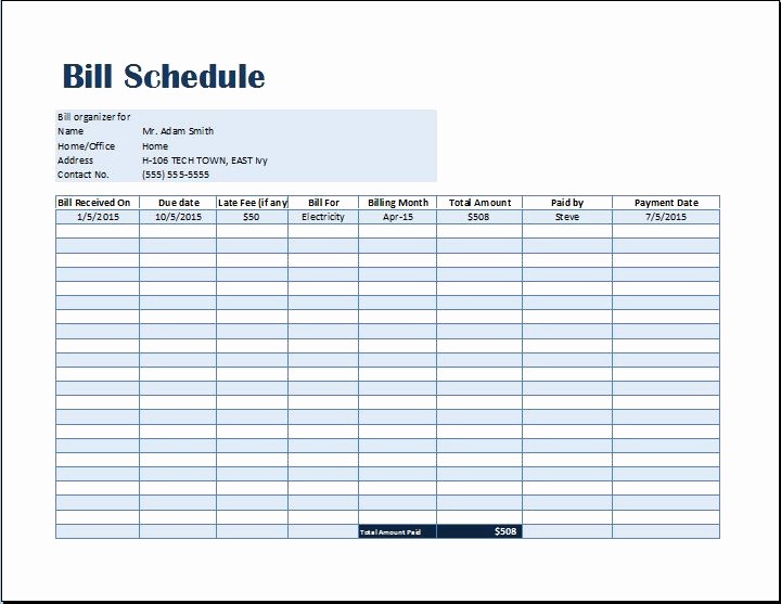Monthly Bill Due Date Template Unique Bill Payment Schedule Template